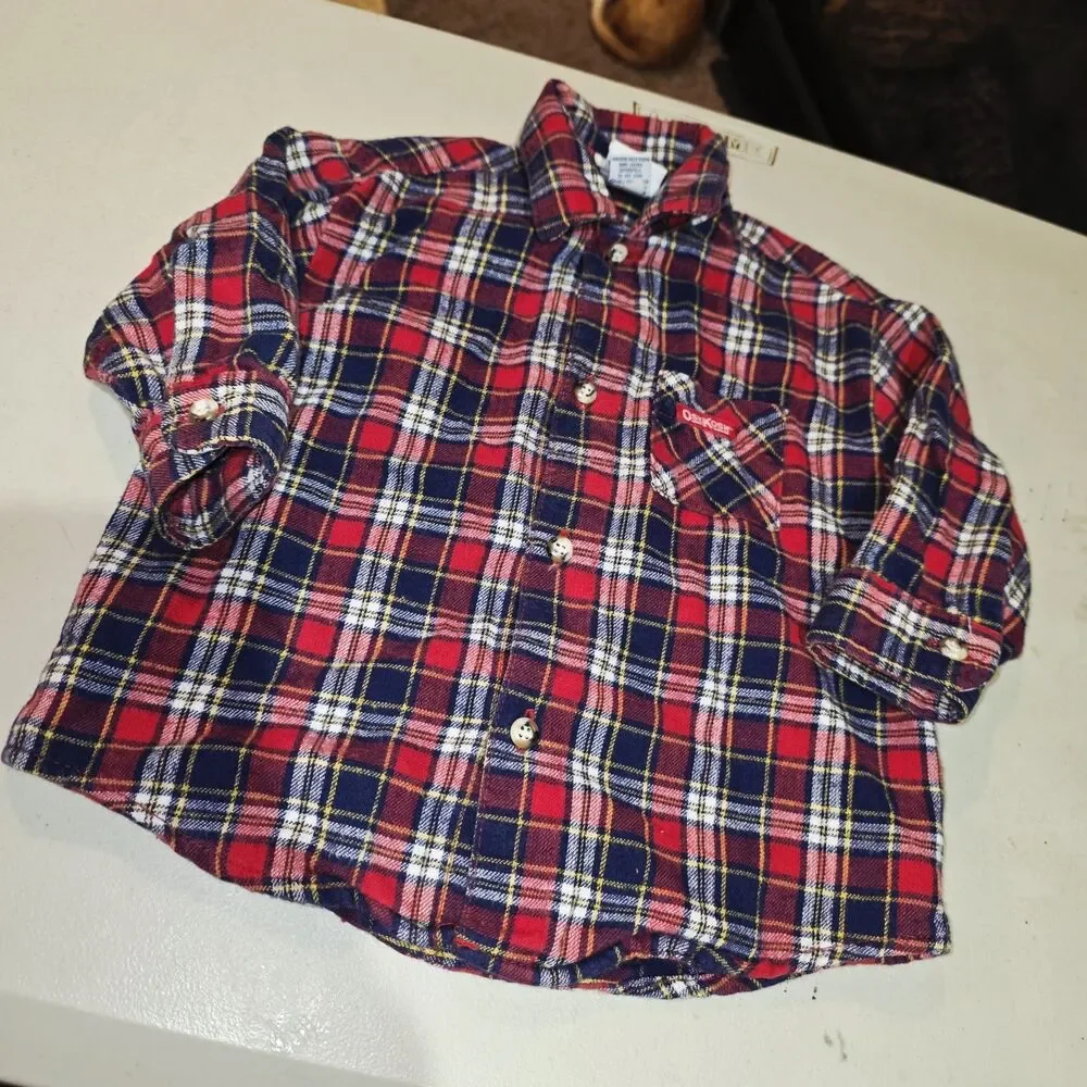 OSHKOSH B’GOSH Sz 18m USA Vintage 2015 Logo Denim Overalls & Red Flannel Shirt